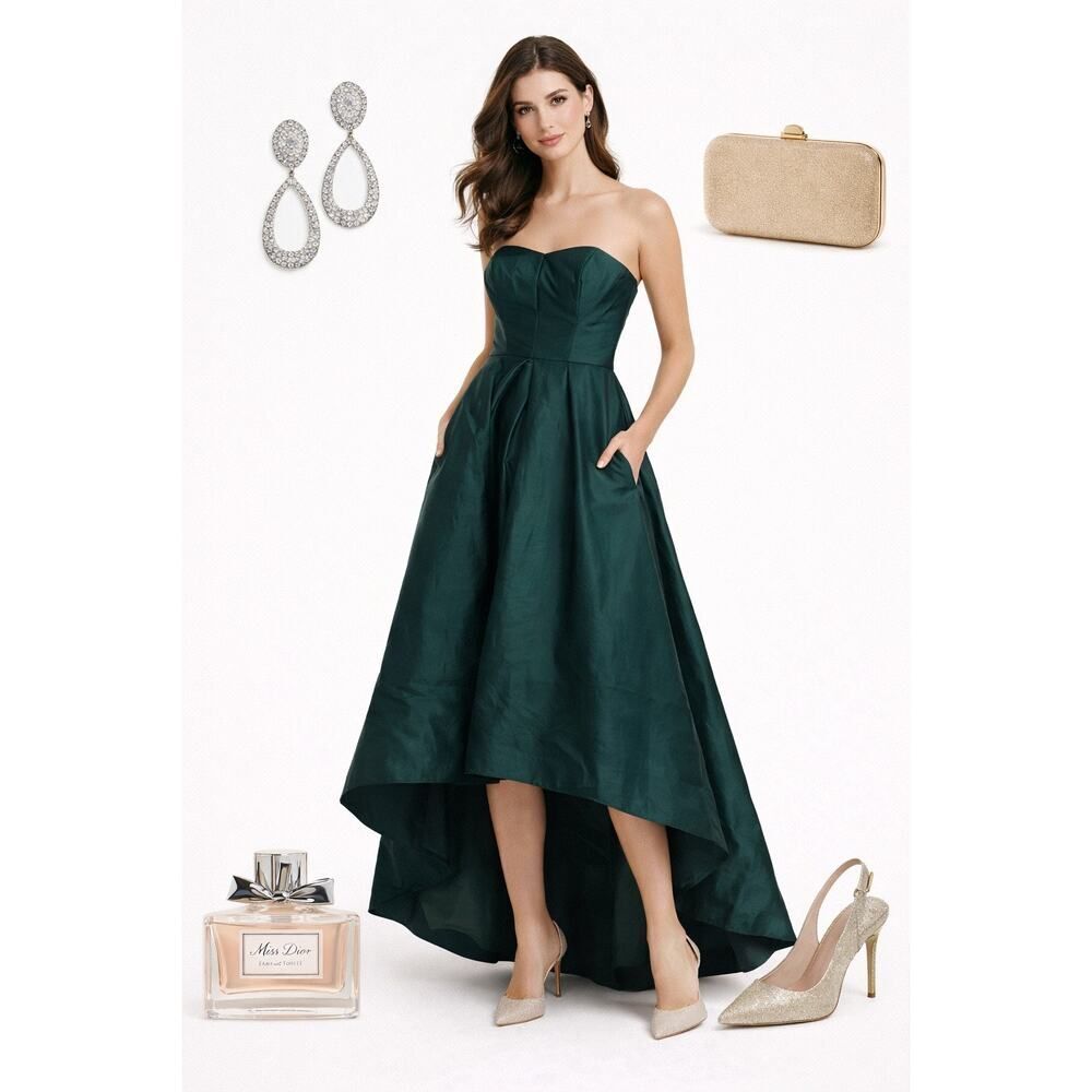 Alfred Sung Emerald Green Formal Gown Hi-Low Dress Pockets Wedding Prom Gala